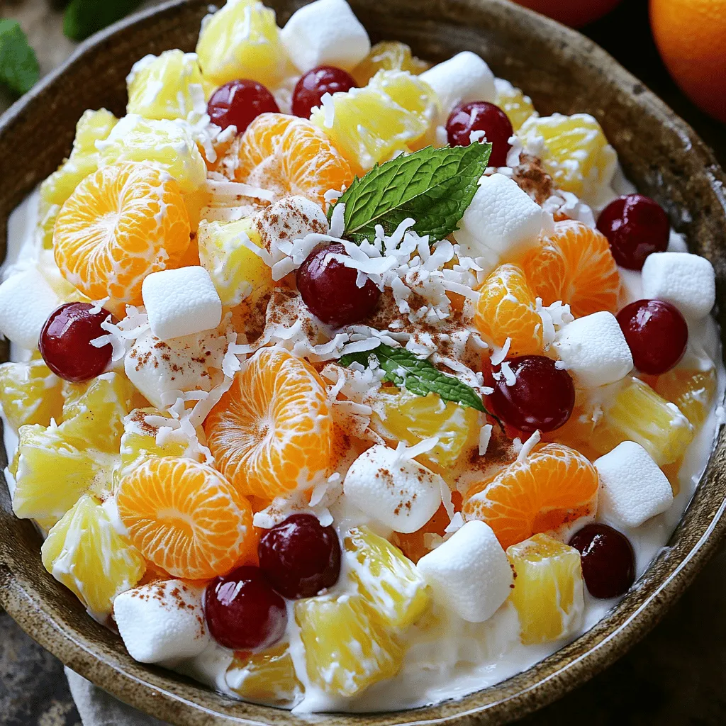 To make a classic Ambrosia Salad, you need these essential ingredients: - 1 cup mini marshmallows - 1 cup canned mandarin oranges, drained - 1 cup canned pineapple chunks, drained - 1 cup shredded coconut (choose sweetened or unsweetened) - 1 cup halved red grapes