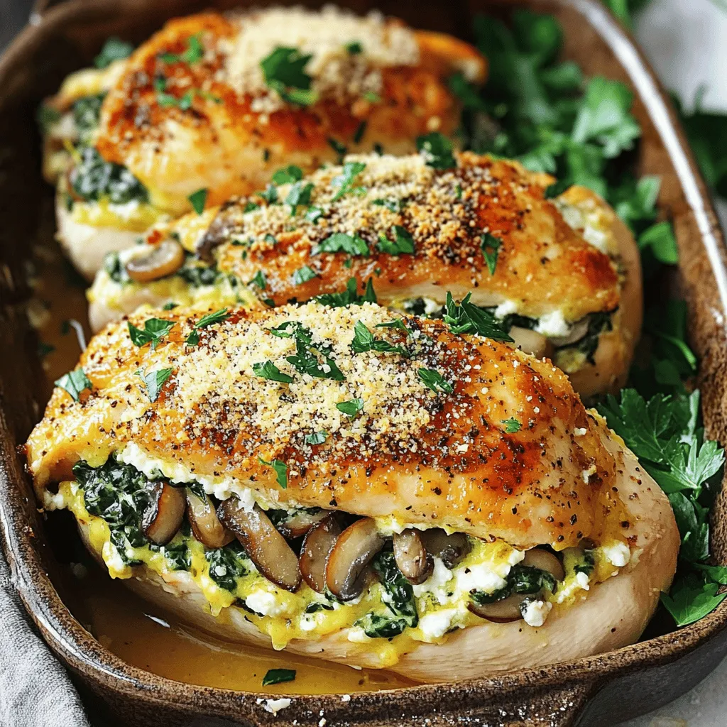 - 4 boneless, skinless chicken breasts - 1 cup fresh mushrooms, finely chopped (cremini or button) - 1 small onion, finely chopped - 2 cloves garlic, minced - 1 cup fresh spinach, chopped - ½ cup ricotta cheese - ½ cup grated Parmesan cheese
