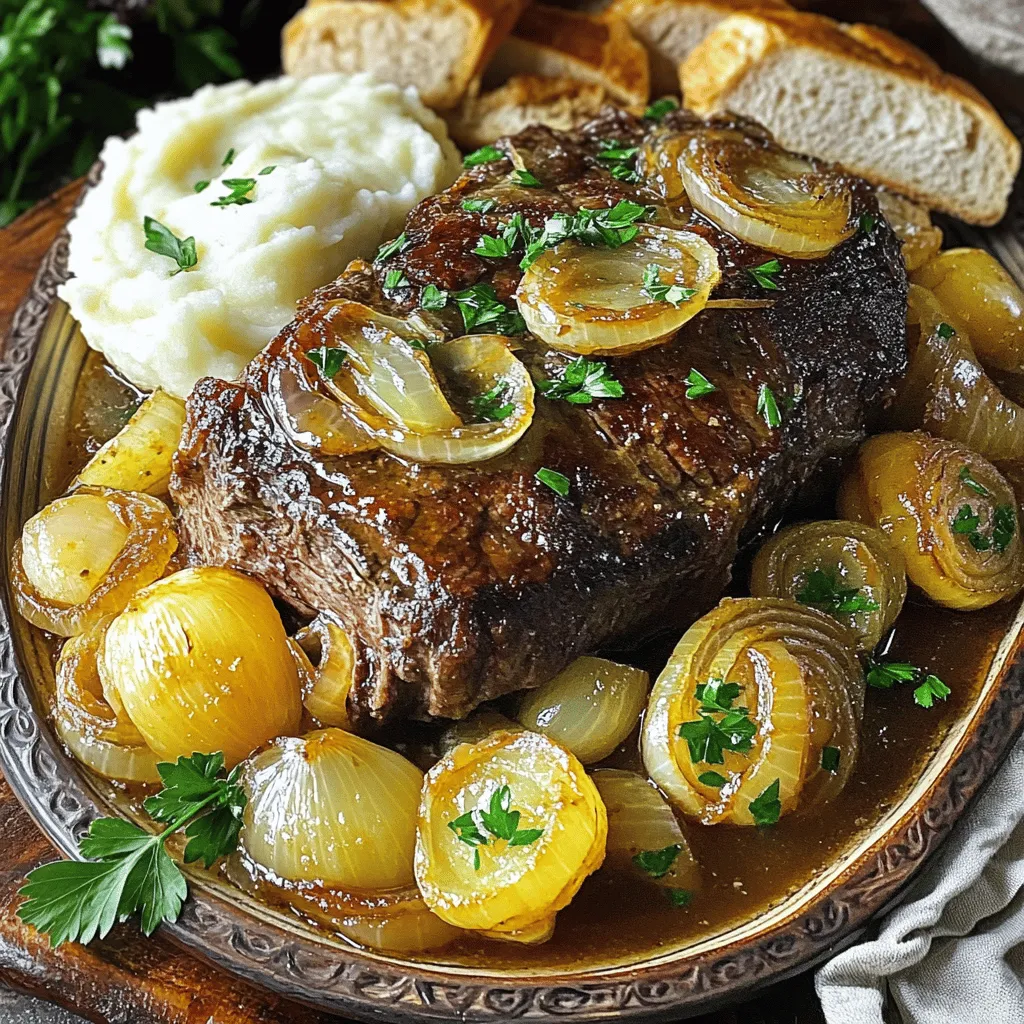 - 3 to 4 pounds of beef chuck roast - 3 large yellow onions, thinly sliced - 4 cloves garlic, minced - 4 cups beef broth