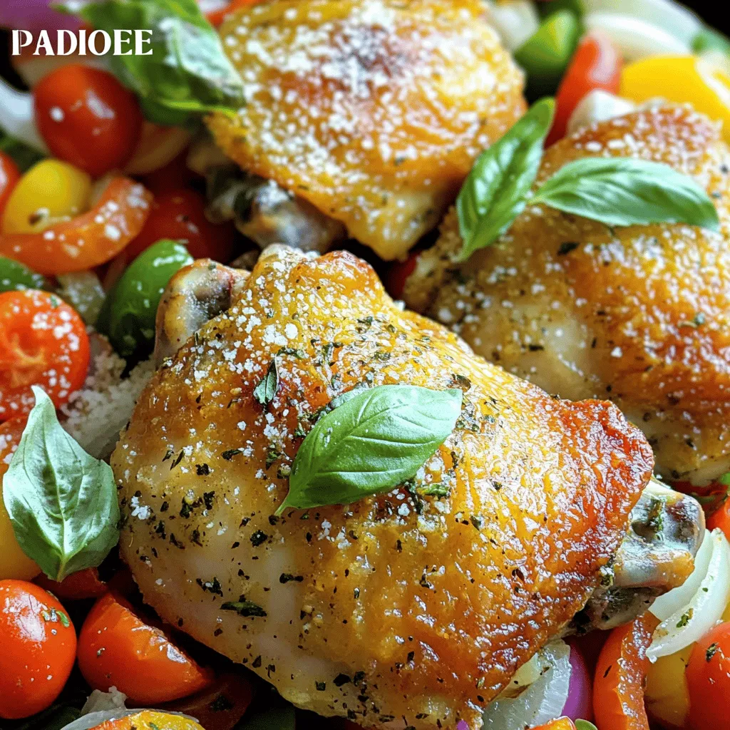 - 4 chicken thighs (bone-in, skin-on) - 2 tablespoons olive oil - 1 teaspoon dried oregano - 1 teaspoon dried basil - 1 teaspoon garlic powder - 1 teaspoon onion powder - Salt and pepper to taste - 1 cup cherry tomatoes, halved - 1 cup bell peppers (mixed colors), sliced - 1 medium onion, sliced - Fresh basil leaves for garnish - Grated Parmesan cheese for serving