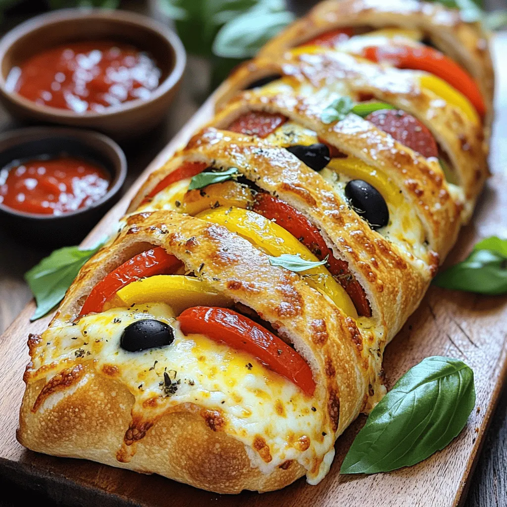 - 1 pound pizza dough (store-bought or homemade) - 1 cup marinara sauce - 1½ cups shredded mozzarella cheese - ½ cup sliced pepperoni - ½ cup sliced bell peppers (any color) - ½ cup sliced black olives - 1 teaspoon dried oregano - 1 teaspoon garlic powder - 1 tablespoon olive oil - 1 egg, beaten (for egg wash) - Fresh basil leaves for garnish (optional)